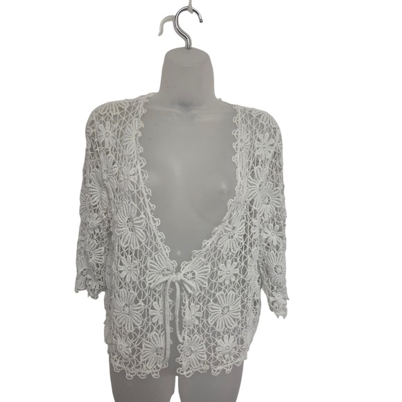 Jones New York Sweaters - Jones New York Signature White Crochet Lace Tie-Front Cardigan Boho Floral L